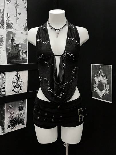 EgrlEra Women's Sexy Deep V-Neck Sequin Embellished Camisole Top