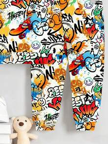 2pcs/Set Young Boy Crew Neck Sweatshirt + Matching Fleece Pants Set, Autumn/Winter - Khaki - View 6