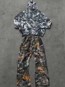 SHEIN 2 件套青少年男孩休闲宽松自由女神像、火焰、黑色火焰图案连帽衫和裤子套装，适合秋冬季 - 彩色 - 查看 2