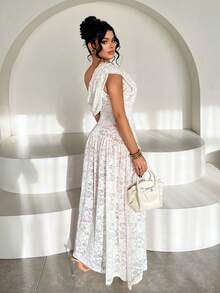 SHEIN SXY Vestido elegante y sexy de mujer con cuello asimétrico y encaje transparente