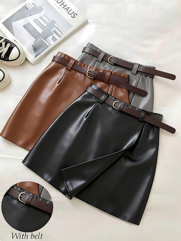 Franclia Falda negra mini con cinturón, dobladillo asimétrico y versátil de PU, ropa de mujer para primavera/otoño, ideal para volver al colegio