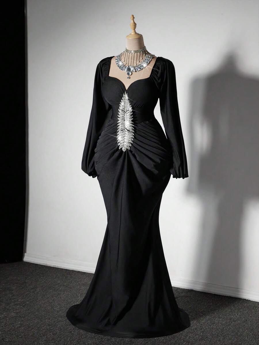 Viva Relle Plus Size Women Puff Sleeve Long Dress - Black - View 1