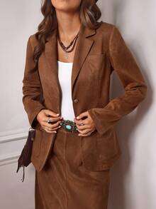 LanaWest Setelan Jaket Blazer Wanita Gaya Western Vintage Warna Cokelat Koin + Rok Model A-Line - Coklat - View 6