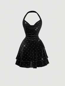 SHEIN MOD Draped Collar Solid Ruched Layered Ruffle Hem Halter Neck Black Mini Dress - Black - View 3