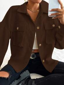 Serisse Women's Solid Color Drop Shoulder Long Sleeve Single-Breasted Cargo Pocket Casual Jacket In Fall/Winter Brown