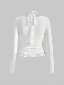 ROMWE Avant Áo thun nữ tay dài cổ tròn đính đá và ren Garbage Punk Brother Letter Rhinestone & Lace Patchwork - trắng - Xem 2