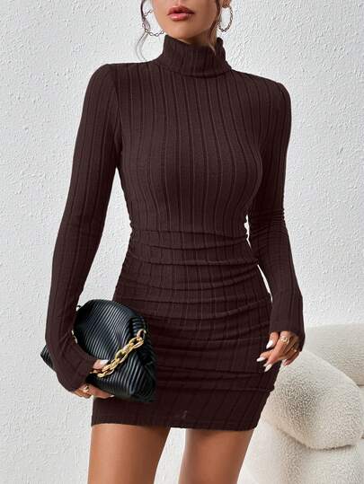 SHEIN Frenchy Vestido com mangas, gola alta, malha canelada, franzido, bodycon