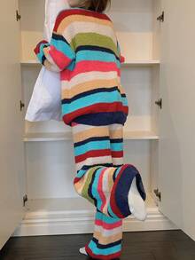 DAZY 2件套女士小狗印花彩色条纹宽松针织长袖上衣和裤子睡衣套装，秋冬季 - 彩色 - 查看 2