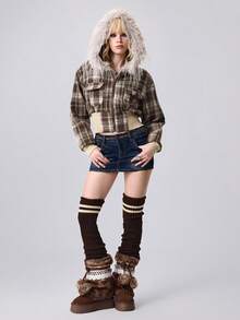 ROMWE Hippie Y2K Autumn/Winter Waist Cinched Retro Plaid Woolen Jacket - Brown - View 4