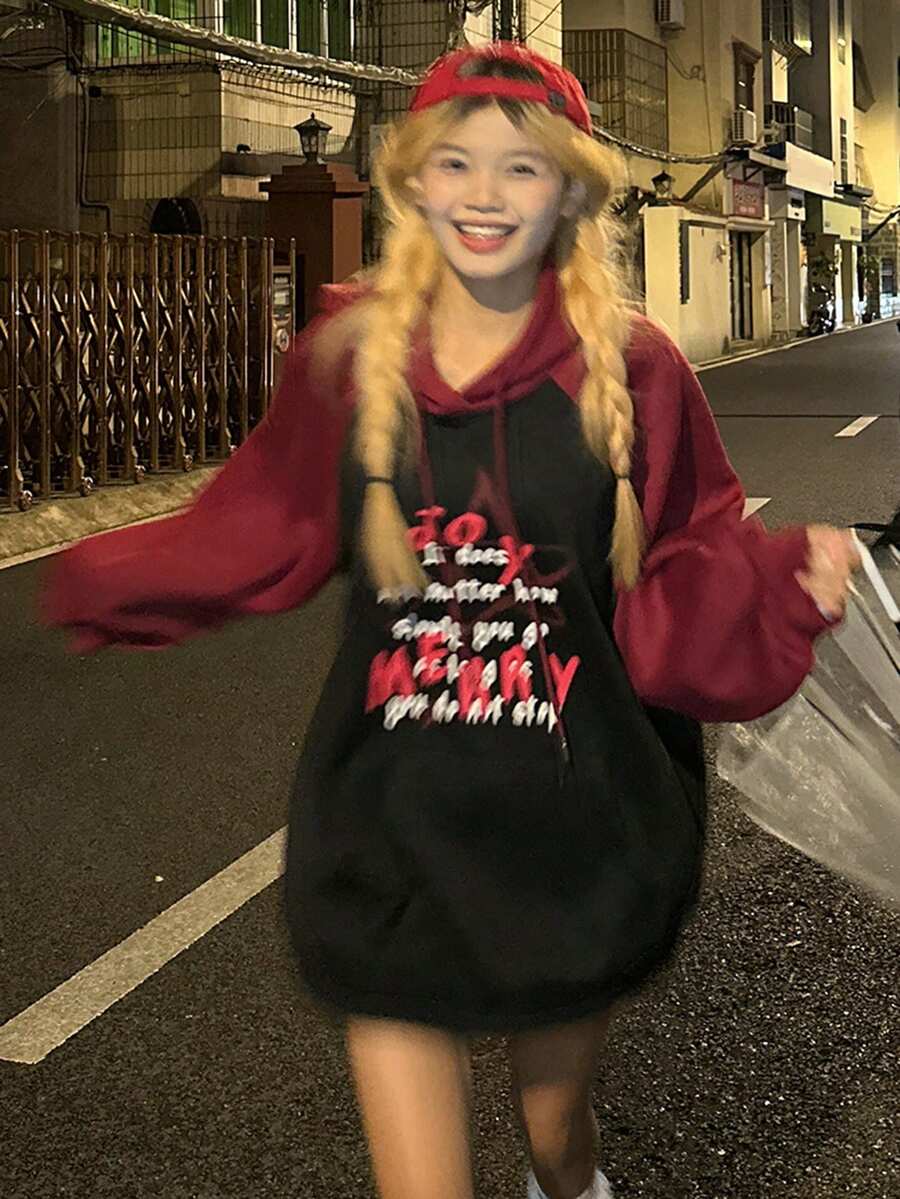 DAZY Sudadera con capucha de manga raglán para mujer, estilo coreano - Rojo - Ver 1