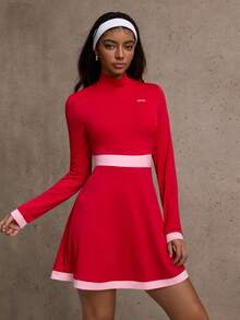 Dewbera Women's Contrast Color Minimalist High Neck Long Sleeve Casual Sports Dress