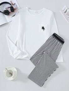 Teenage Boys' Floral Print Pocket Long Sleeve Top Paired With Classic White& Gray Plaid Pants, Casual Loungewear Set,Teen Boy Outfit Sets &Pajamas  Comfortable Material Girl Clothings , Fall&Winter ,Best Christmas Gift For Family - Multicolor - View 3