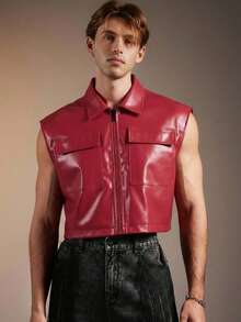 FeverCity 男士时尚朋克 PU 皮革拉链领无袖背心 - 紅色 - 查看 5