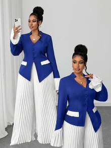Maweii 2 件套女式 V 领拼布修身手帕下摆西装外套和褶皱长裤，优雅办公室通勤装，加大码 - 寶藍色 - 查看 1