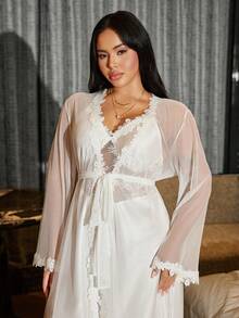 SilkySpell Plus Size Nightgown And Robe Set With Criss-Cross Back, Asymmetric Hem, Faux Silk And Lace Trim Lingerie Robe Set Sheer Robe Sheer Nightgown Mesh Robe - White - View 8