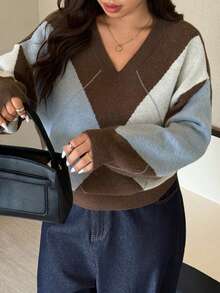 Dazy Plus Fashionable Color Block V-Neck Diamond Pattern Loose Plus Size Pullover Sweater For Women, Autumn/Winter - Chocolate Brown - View 3