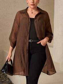 Chikora Plus Size Button-Up Long Sleeve Shirt For Women, Autumn Brown Blouse For Thanksgiving New Year Christmas Winter - Brown - View 2