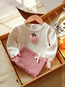 Vintaside Kids 2pcs Baby Girls' Spring/Autumn White Knit Crew Neck Long Sleeve Top And Solid Pink Pants Set, Adorable Cherry Decor, Suitable For Outings, Casual Wear, And Birthday Parties - Multicolor - View 4