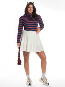Solavibe Plus Size Turtleneck Striped T-Shirt, Autumn/Winter - Multicolor - View 3