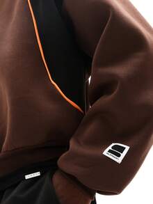 SUMWON Crop Fit Men's Oversized Full Zip Hoodie With Ribbed Cuffs And Color Block Design For Casual Wear - Brown - View 6