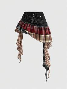 ROMWE Grunge Punk Retro Punk Plaid Patchwork Asymmetric Ruffle Hem Denim Mini Skirt - Multicolor - View 1
