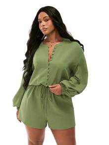 SHEIN Unity Salopetă Plus Size cu decolteu în V, umeri căzuți, mâneci tip lanternă, talie cu șnur și lejeritate - Verde - Vizualizare 3
