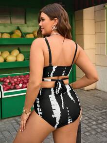Swim Vcay Plus Size Women 2pcs/Set Random Print Casual Swimsuit Set - Black and White - View 2