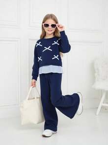 Genkimix Kids 2pcs/Set Girls' Korean Style Loose Fit Floral Print Sweatshirt With Bow Decor - Navy Blue - View 4