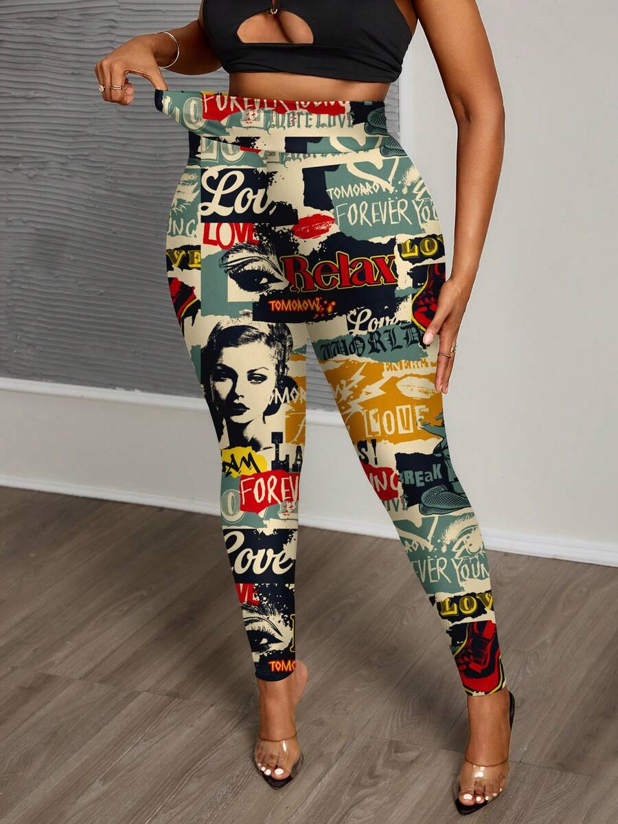 Slaydiva Plus Size Vintage Poster Print Leggings, Suitable For Autumn/Winter - Multicolor - View 1