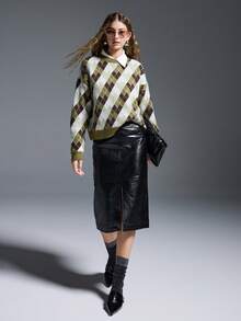 MYSTAURA Vintage Plaid Pullover Knit Sweater For Women, Unique Long Sleeve Autumn/Winter - Green - View 1