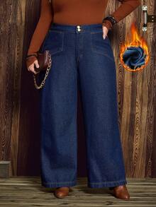 EMERY ROSE Plus Size Women's Solid Color Thermal Lined Washed Denim Jeans, Autumn/Winter - Dark Wash - View 1