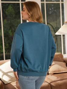 EMERY ROSE Plus Size Solid Crew Neck Thermal Lined Casual Thermal Fall Women Sweatshirts Winter Autumn - Dusty Blue - View 2