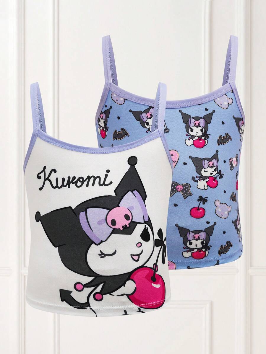 HELLO KITTY AND FRIENDS | SHEIN 年轻女孩夏季撞色装饰卡通图案修身吊带背心 - 紫色 - 查看 1