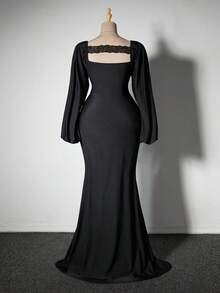 Viva Relle Plus Size Women Puff Sleeve Long Dress - Black - View 3