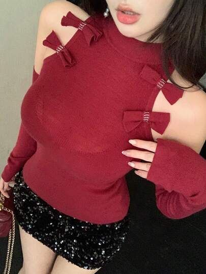 DAZY Women's Elegant Red Shoulder-Revealing Bow Decor Knit Sweater, Stand Collar, Suitable For New Year, Christmas, Wedding, Party, Autumn/Winter
