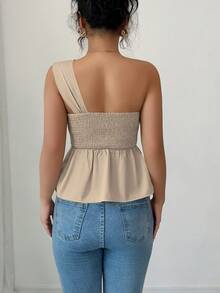 Elenzga Camiseta sin mangas de unicolor con bajo asimétrico para uso diario en verano - Caqui - Ver 2