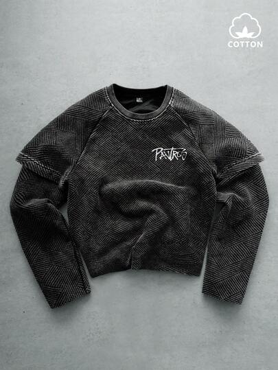 PAVTROS Manfinity Streetrush 男士街头风流行 INS 同款。男士街头服饰，做旧水洗纹理面料 T 恤，带有品牌标志，适合街头风格、音乐节、夜店等场合，也是送给男友/老公、周年纪念日的理想礼物。纯棉材质，印花 T 恤，街头风，男友礼物，长袖上衣