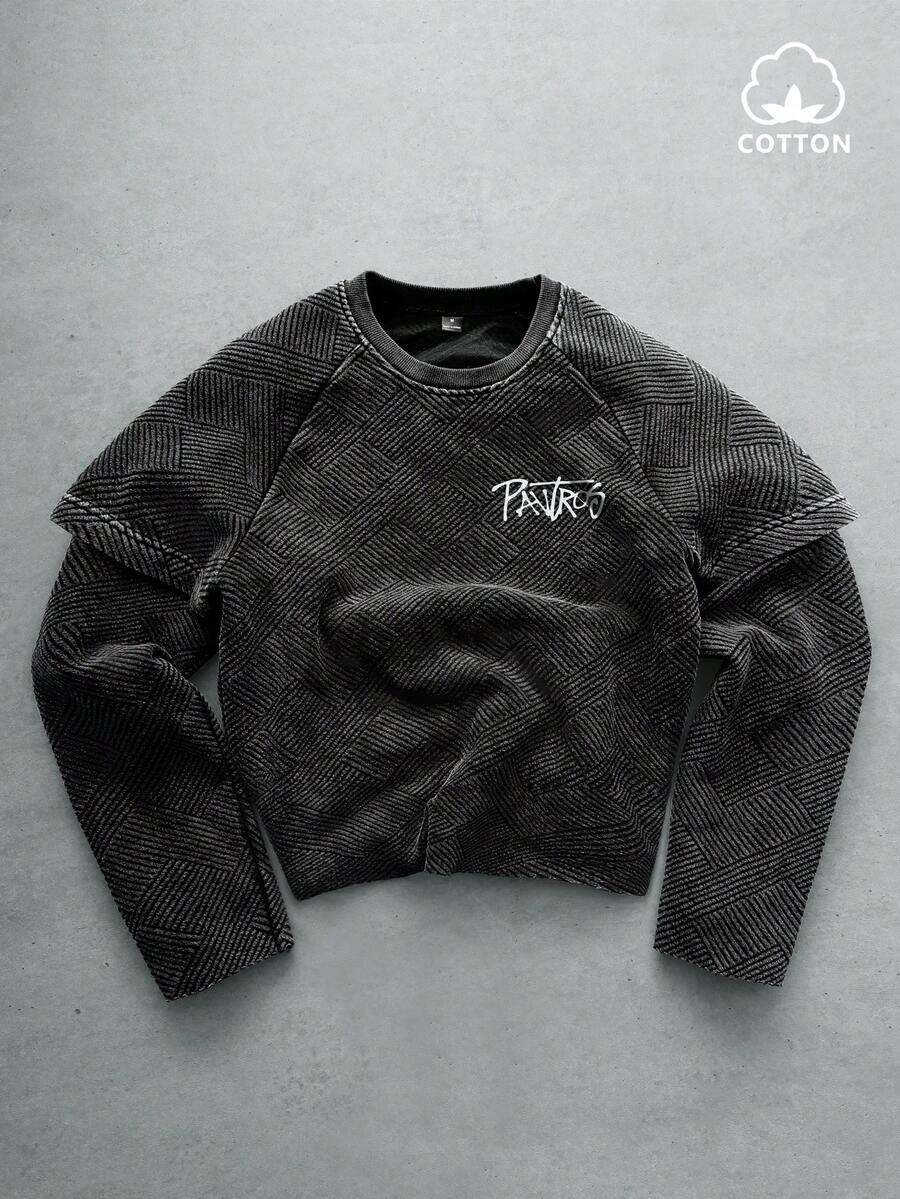 PAVTROS Manfinity Streetrush 男士街头风流行 INS 同款。男士街头服饰，做旧水洗纹理面料 T 恤，带有品牌标志，适合街头风格、音乐节、夜店等场合，也是送给男友/老公、周年纪念日的理想礼物。纯棉材质，印花 T 恤，街头风，男友礼物，长袖上衣 - 黑色 - 查看 1