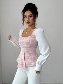 Elenzga Women's Elegant Pink Plaid Patchwork White Square Collar Asymmetrical Hem Faux Pearl Button Decor Long Sleeve Fitted Blouse, Spring/Autumn Fall Cloth For Women - Pink - View 3