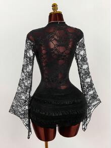 Amplova Women's Lace Long Sleeve Two Pieces Set, Sexy & Avant-Garde Sheer Lace Long Sleeve Coverup With Multi-Layer Cake Skirt, Super Short And Ultra Low Waist Mini Skirt Black See Through Two Pieces Set - Black - View 2