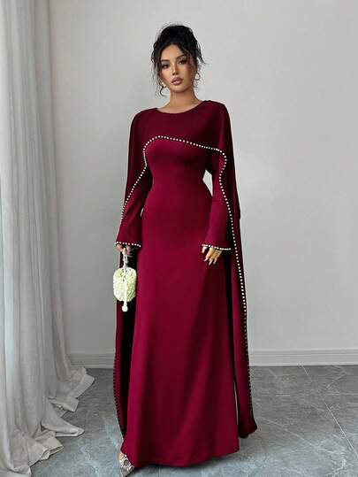 Elenzga Women's 2025 Autumn/Winter New Elegant Long Dress With Delicate Pearl Decoration