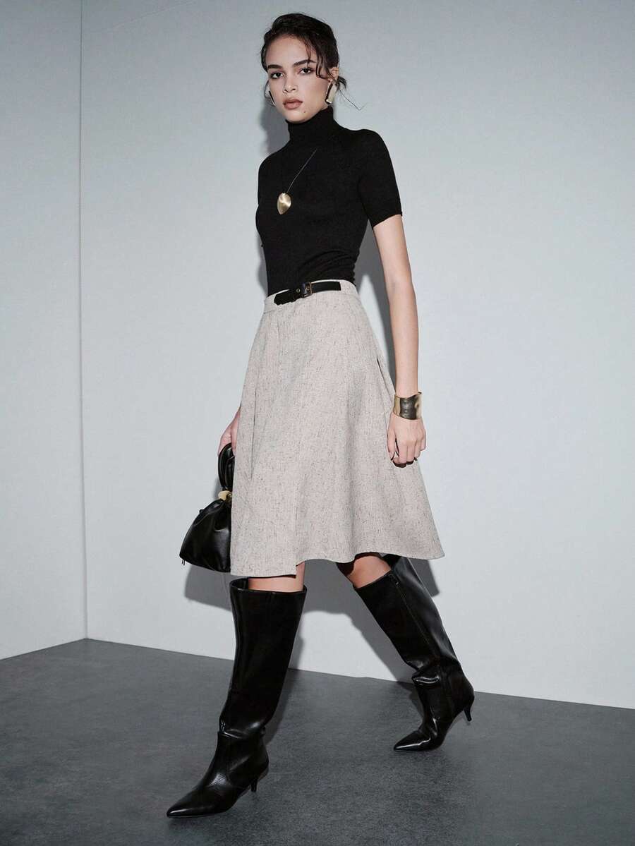 Lumivelle Women's Autumn Flared Waist Adjustable PU Leather Skirt - Grey - View 1