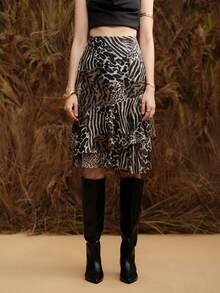 Revavyn 女士雪纺豹纹水印面料，常规腰型，不规则下摆，豹纹拼接设计，休闲日常中长裙，适合新年、假期、情人节等场合穿着。 - 棕色 - 查看 4