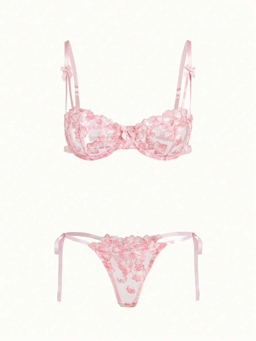 Bonmuse Ensemble de soutien-gorge en dentelle transparente à lacets avec broderie florale , lingerie pour femmes, idéal pour la Saint-Valentin, soutien-gorge ultra-fin kawaii