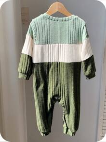 SHEIN Setelan Jumpsuit Lengan Panjang Rajut Rib Termal Warna Hijau Sage untuk Bayi Laki-laki, Baju Terusan Sweater Seragam Lucu dan Sopan untuk Balita di Musim Gugur. - Biru - View 2