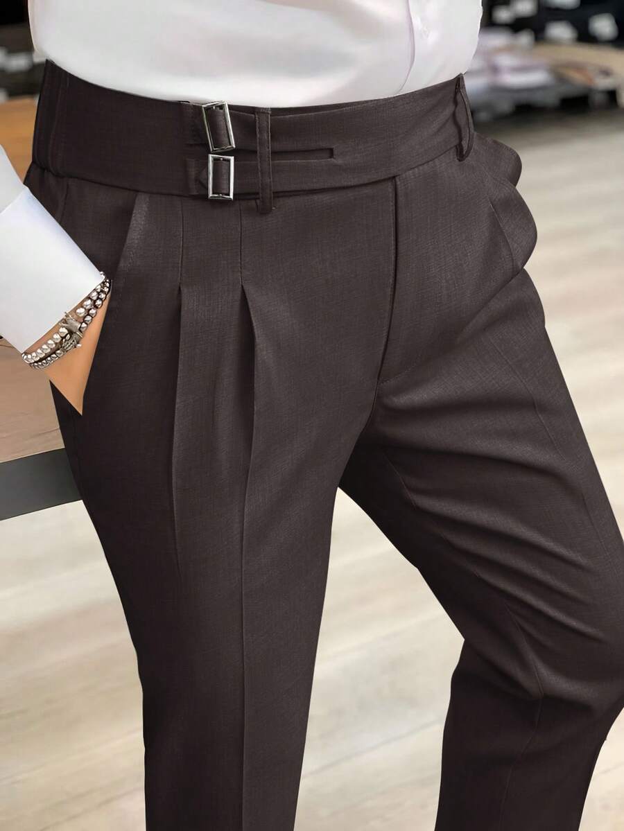 Calvornis Men's Solid Color Pleated Straight Loose Casual Suit Pants - Coffee Brown - View 1