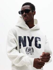 SUMWON Boxy Fit NYC Distressed Print Pullover Hoodie With Drawstring Hood And Centre Pocket Casual - Light Grey - View 1