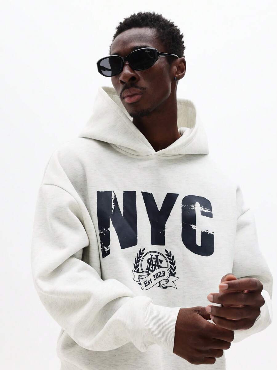 SUMWON Boxy Fit NYC Distressed Print Pullover Hoodie With Drawstring Hood And Centre Pocket Casual - Light Grey - View 1