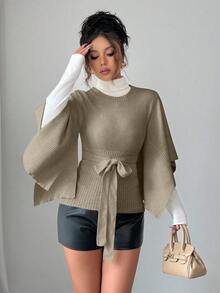 Elenzga Women's Solid Color Round Neck Bell Sleeve Knotted Waist Fashionable Sweater, Autumn/Winter - Mocha Brown - View 5