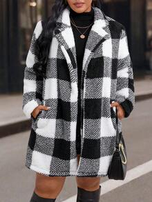 SHEIN PETITE CURVE Karierter Flanellmantel in Große Größen, Damen, Herbst/Winter
